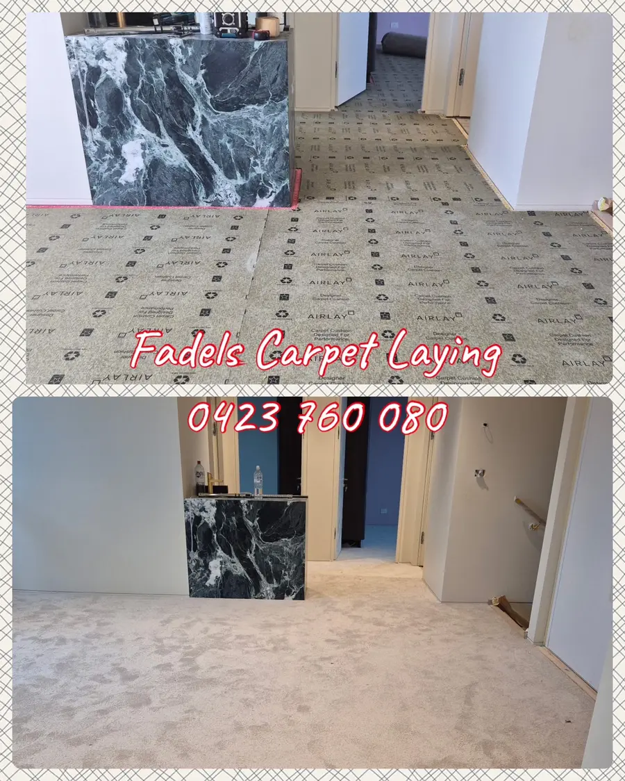 Fadel laying carpet by hand on site